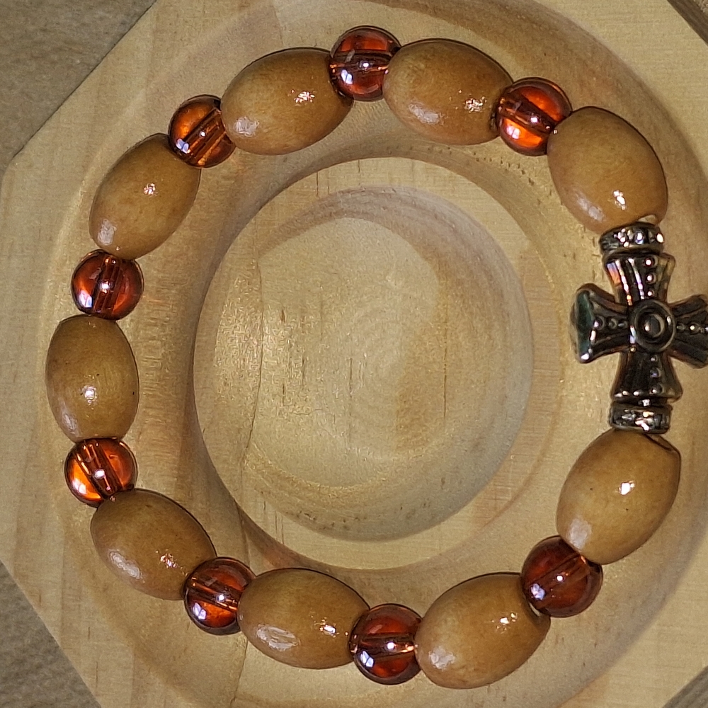 Wooden Bead Bracelet with Cross Charm